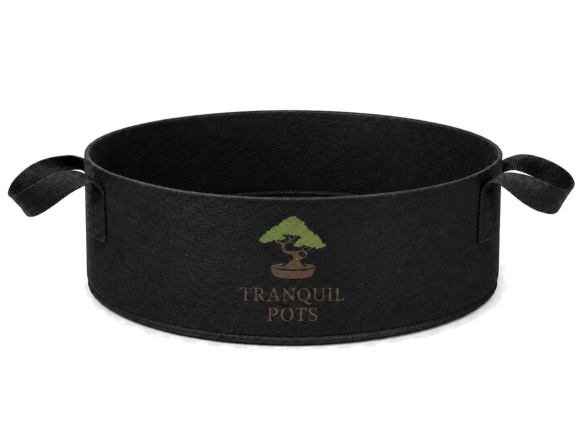 Tranquil Pots fabric bonsai grow pot viewed from a lower angle, showing the stitched sidewall seam