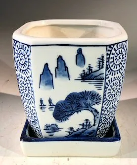 Blue on White Porcelain Bonsai Pot - Square With Attached Humidity Drip Tray 4" x 4" x 4"