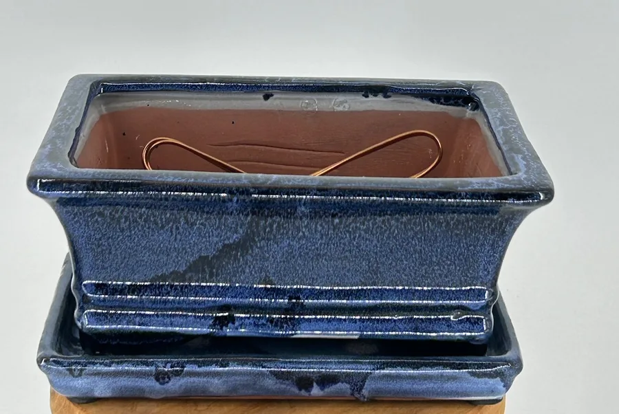 Marble Blue Ceramic Bonsai Pot - Rectangle Professional Series with Attached Humidity/Drip tray 8.25" x 6.25" x 3.75"