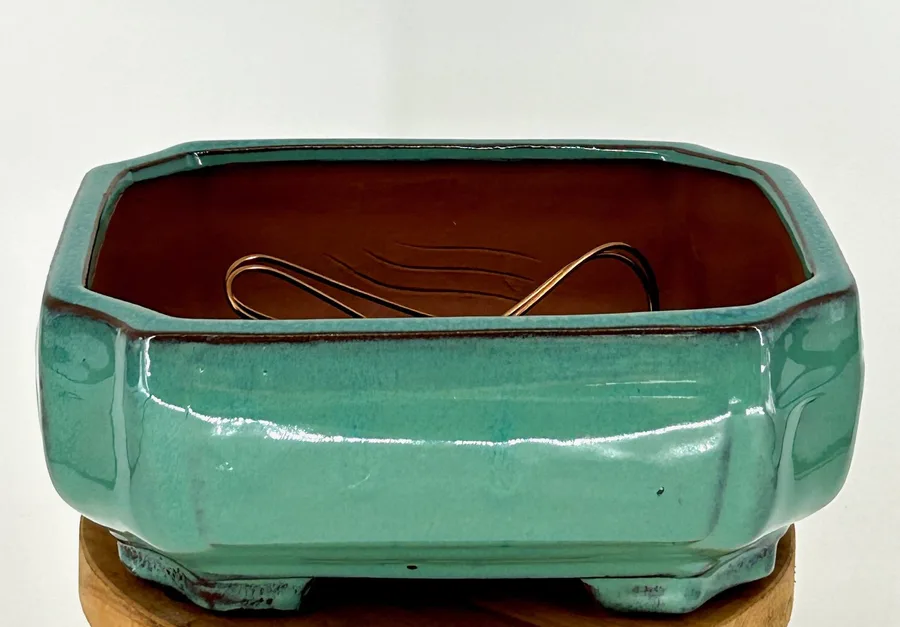 Light Green Ceramic Bonsai Pot Rectangle with Indented Corners Professional Series 8.25" x 6.75" x 3.5"