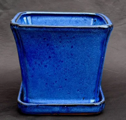 Blue Ceramic Bonsai Pot Square With Attached Humidity / Drip Tray 5.25" x 5.25" x 5.5"