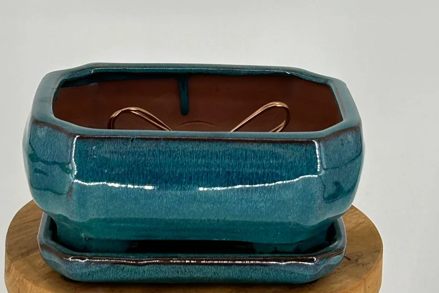 Blue / Green Ceramic Bonsai Pot- Rectangle Professional Series with Attached Humidity/Drip Tray 6.37" x 4.75" x 2.625