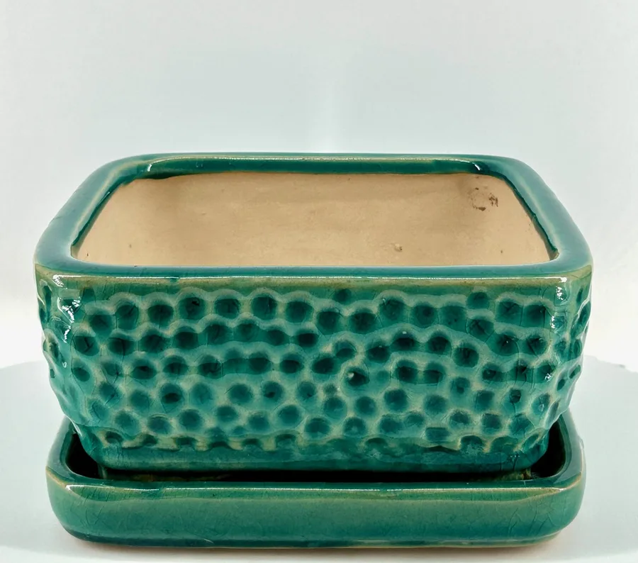 Crackle Teal Green Square Ceramic Bonsai Pot With Humidity / Drip Tray 9