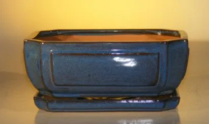 Blue Ceramic Bonsai Pot - Rectangle Professional Series with Attached Humidity/Drip tray 10.75" x 8.5" x 4.125"