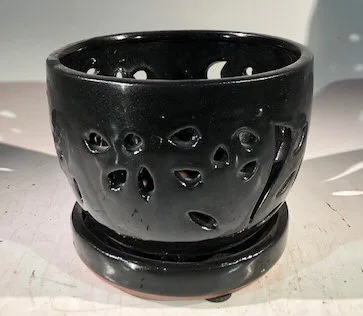 Black Ceramic Orchid Pot - Round With Attached Humidity Drip Tray 6" x 4.75" tall