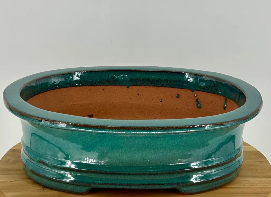 Blue / Green Ceramic Bonsai Pot - Oval 14.0" x 11.5" x 4.0"