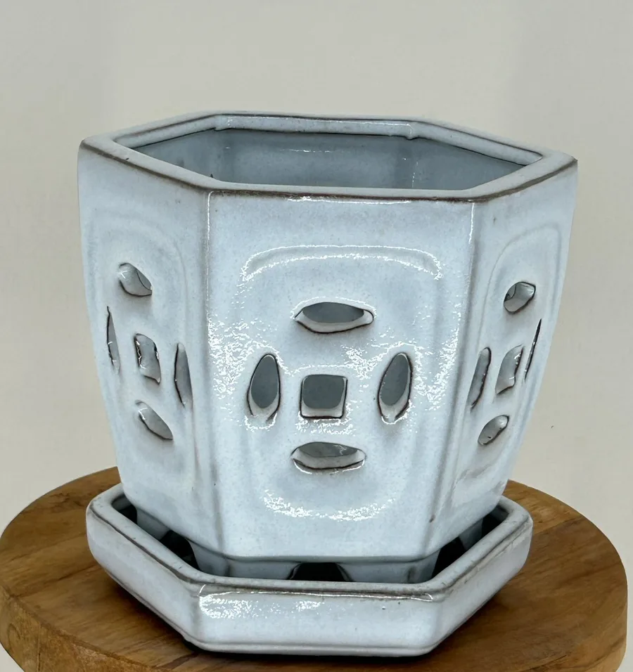 White Ceramic Orchid Pot - Hexagon Shaped With Attached Humidity Drip Tray 5.5" x 5.0" x 5.125" tall