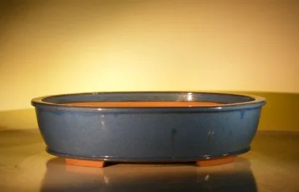 Blue Ceramic Bonsai Pot - Oval 20" x 16" x 5" OD 18" x 14 x 4.25" ID
