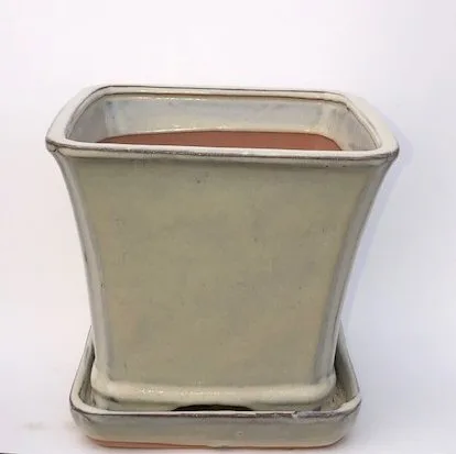 Beige Ceramic Bonsai Pot Square With Attached Humidity / Drip Tray 7.5" x 7.5" x 7.0"