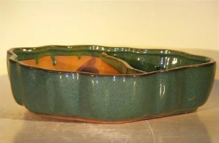 Blue/Green Ceramic Bonsai Pot with Scalloped Edges - Land/Water Divider 8.75" x 6.0" x 3.0"