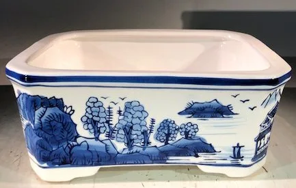 Blue on White Porcelain Bonsai Pot - Rectangle 10.5" x 7.5" x 4"
