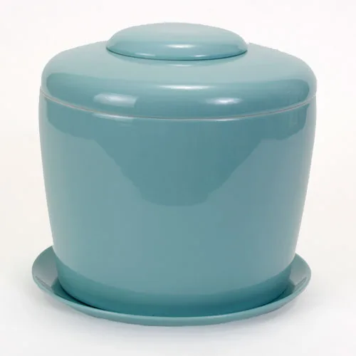 Celadon Blue Porcelain Ceramic Bonsai Cremation Urn with Matching Humidity / Drip Tray Round, 9” high and 9” in diameter