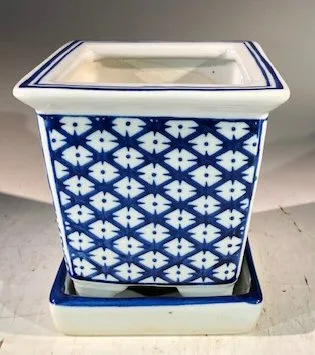 Blue on White Porcelain Bonsai Pot - Square With Attached Humidity Drip Tray 4" x 4" x 4"