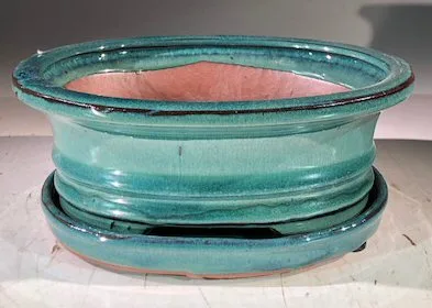 Blue / Green Ceramic Bonsai Pot - Oval With Humidity Drip Tray 8" x 6" x 3"