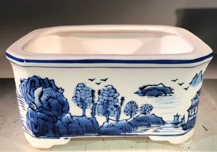 Blue on White Porcelain Bonsai Pot - Rectangle 8.5" x 6.5" x 4"