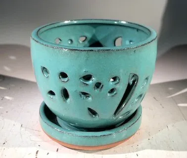 Light Blue Ceramic Orchid Pot - Round With Attached Humidity Drip Tray 6" x 4.75" tall