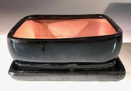 Black Ceramic Bonsai Pot - Rectangle With Humidity Drip Tray 7" x 5.5" x 3"