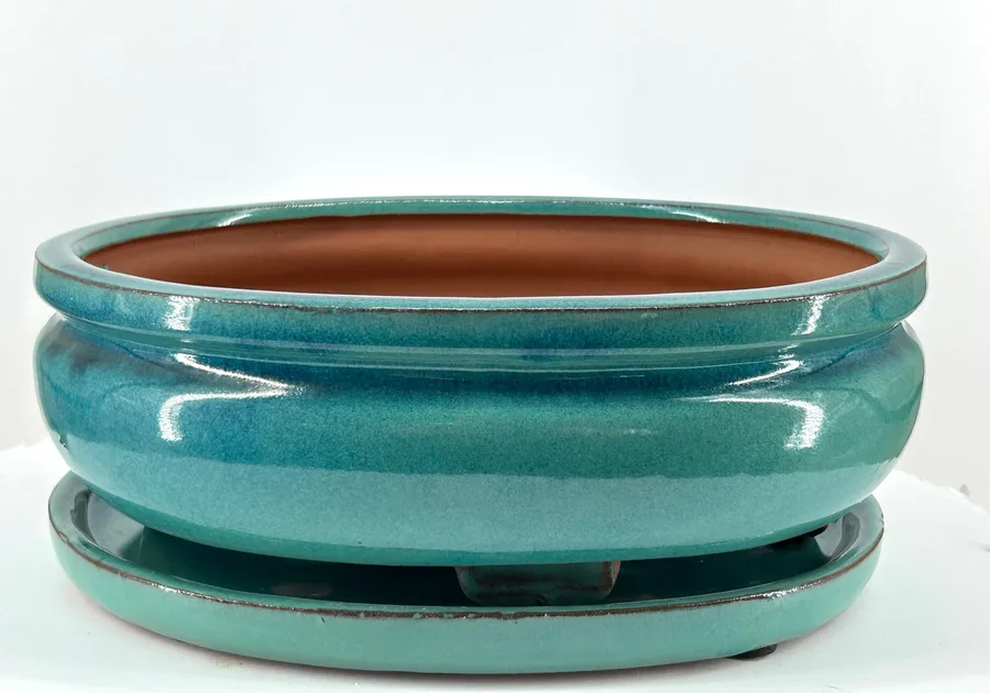 Turquoise Oval Ceramic Bonsai Pot With Humidity Drip Tray