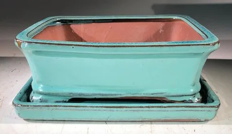 Light Blue Ceramic Bonsai Pot - Rectangle With Humidity Drip Tray 8" x 6" x 3"