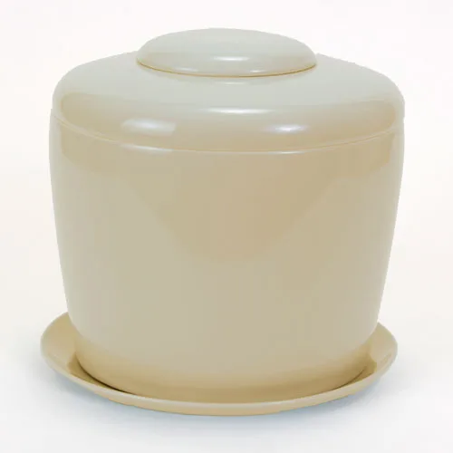Beige Porcelain Ceramic Bonsai Cremation Urn with Matching Humidity / Drip Tray Round, 9” high and 9” in diameter