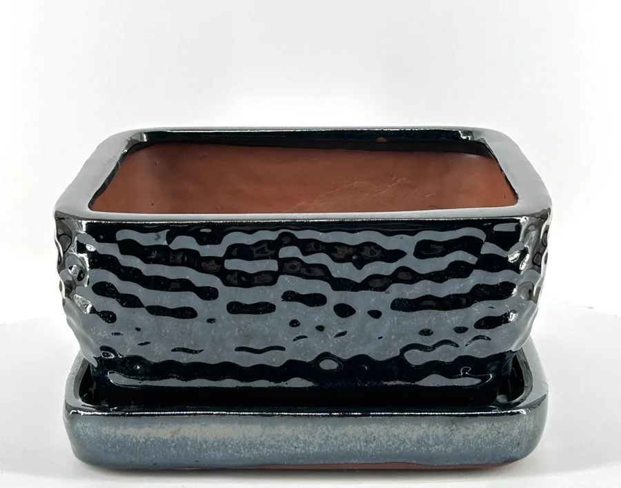 Crackle Black Square Ceramic Bonsai Pot With Humidity / Drip Tray