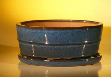 Blue Ceramic Bonsai Pot- Oval Professional Series with Attached Humidity/Drip tray 10.0" x 7.5" x 4.5"
