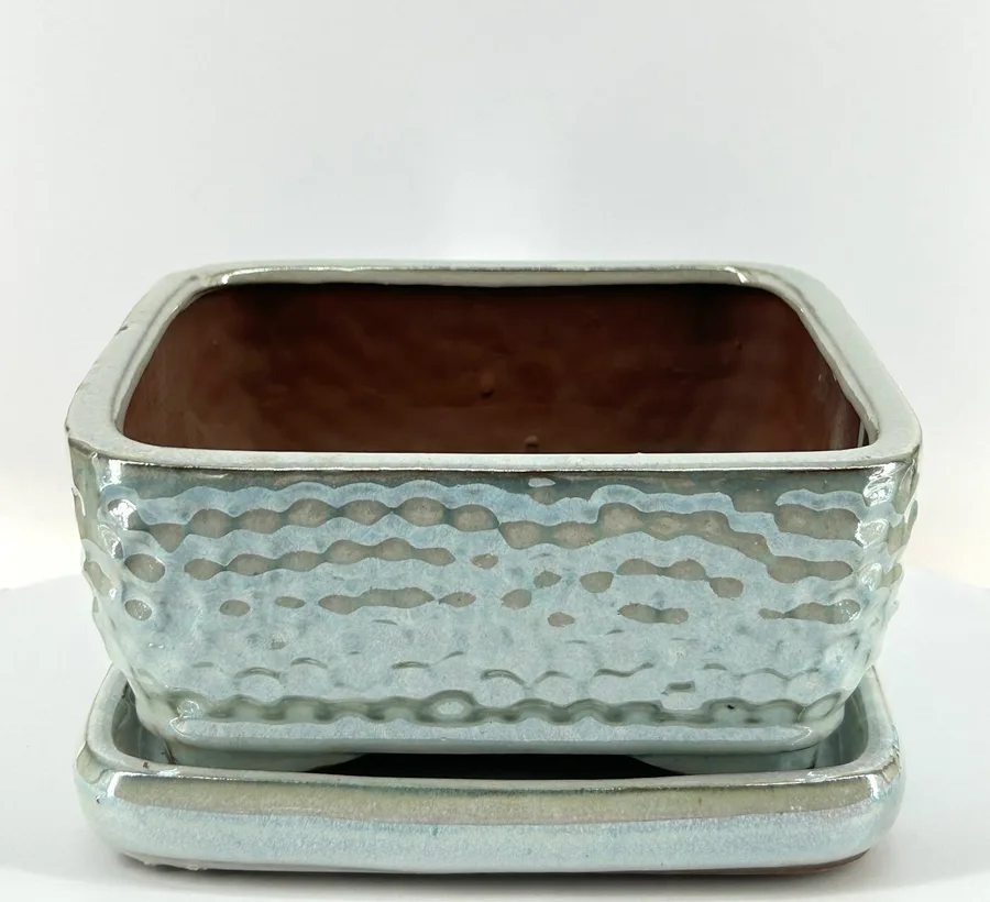 Crackle Pearl Square Ceramic Bonsai Pot With Humidity / Drip Tray