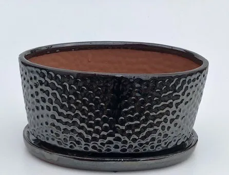 Crackle Black Ceramic Bonsai Pot - Oval With Humidity / Drip Tray 10.5" x 8.25" x 4.75"