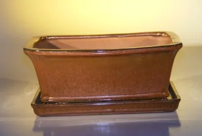 Aztec Orange Ceramic Bonsai Pot - Rectangle Professional Series with Attached Humidity/Drip tray 10.75" x 8.5" x 4.125"