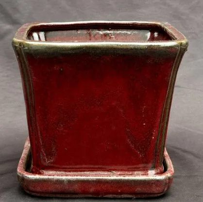 Parisian Red Ceramic Bonsai Pot Square With Attached Humidity / Drip Tray 5.25" x 5.25" x 5.5"