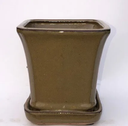 Olive Green Ceramic Bonsai Pot Square With Attached Humidity / Drip Tray 5.25" x 5.25" x 5.5"
