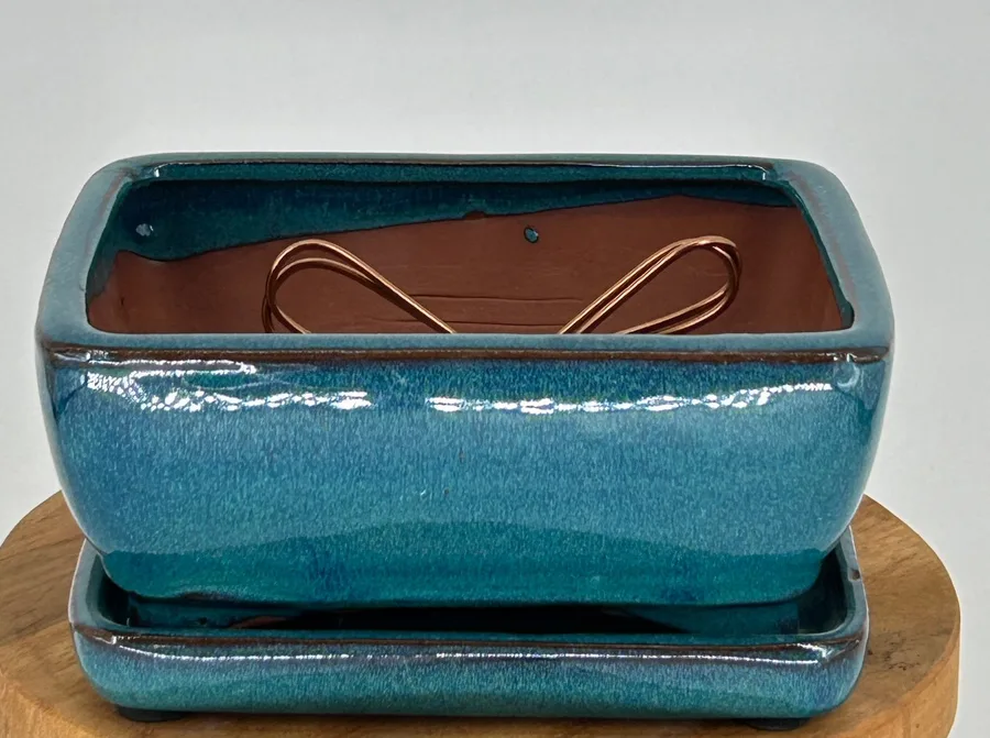 Green Ceramic Bonsai Pot With Attached Humidity/Drip tray - Professional Series Rectangle 6.37" x 4.75" x 2.625"