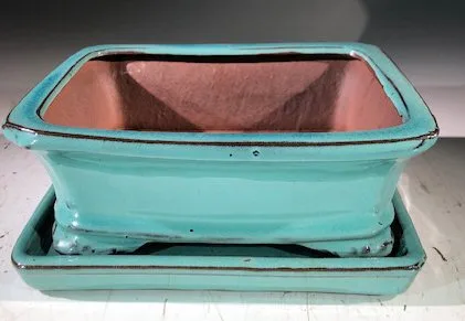 Light Blue Ceramic Bonsai Pot - Rectangle With Humidity Drip Tray 7" x 5.5" x 3"