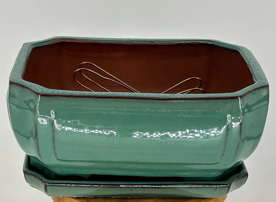 Light Green Ceramic Bonsai Pot - Rectangle Professional Series With Attached Humidity/Drip tray 10.75" x 8.5" x 4.125"