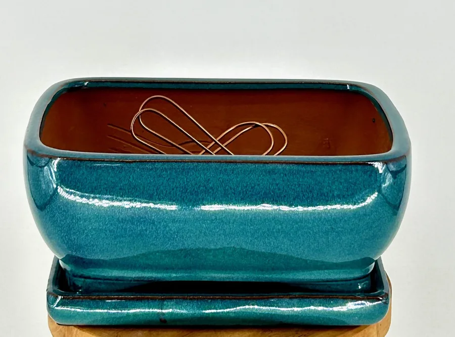 Blue / Green Ceramic Bonsai Pot With Attached Humidity/Drip tray-Professional Series Rectangle 8.5" x 6.5" x 4.0"