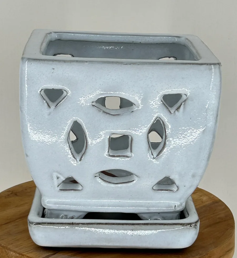 White Ceramic Orchid Pot - Square With Attached Humidity Drip Tray 5.25" x 5.5" x 5.25" tall
