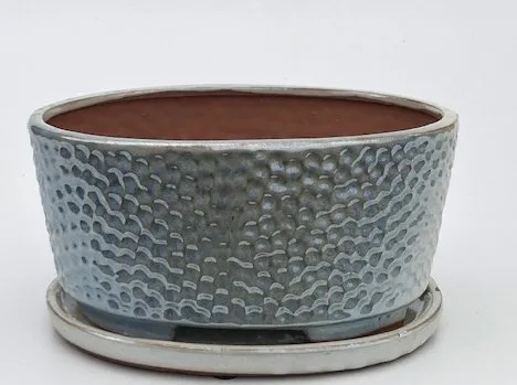Crackle Pearl Ceramic Bonsai Pot - Oval With Humidity / Drip Tray 10.5" x 8.25" x 4.75"