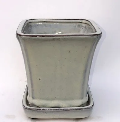 Beige Ceramic Bonsai Pot Square With Attached Humidity / Drip Tray 5.25" x 5.25" x 5.5"